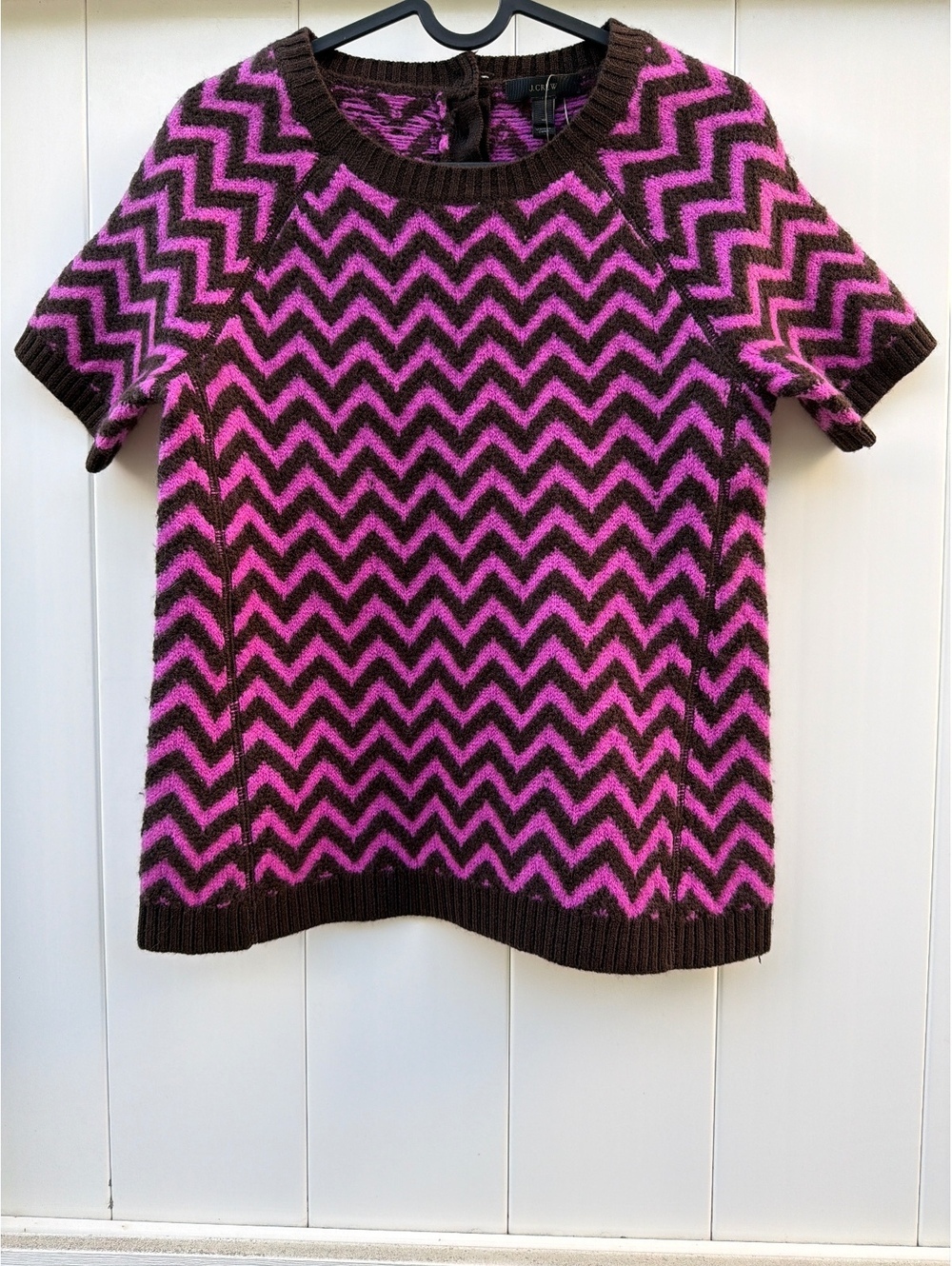 J.Crew Women's XS Purple Brown Chevron Merino Wool Short Sleeve Sweater NWT